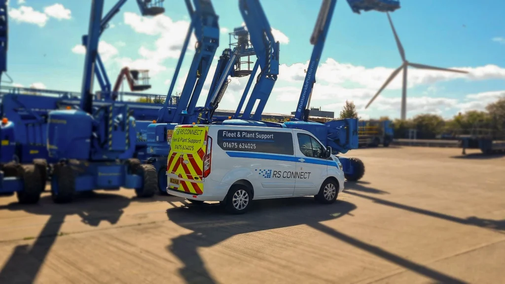 RS Connect van parked in front of 3 Nationwide Platform boom lifts 