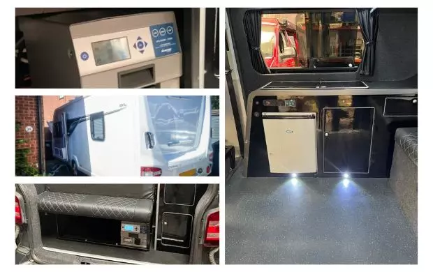 motorhome installation collage showing leisure battery, lighting and more