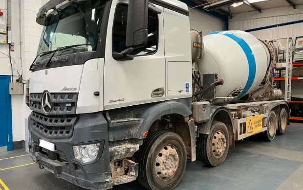 Concrete mixer in RS Connect workshop getting additional vehicle safety equipment in order to comply with FORS Silver 