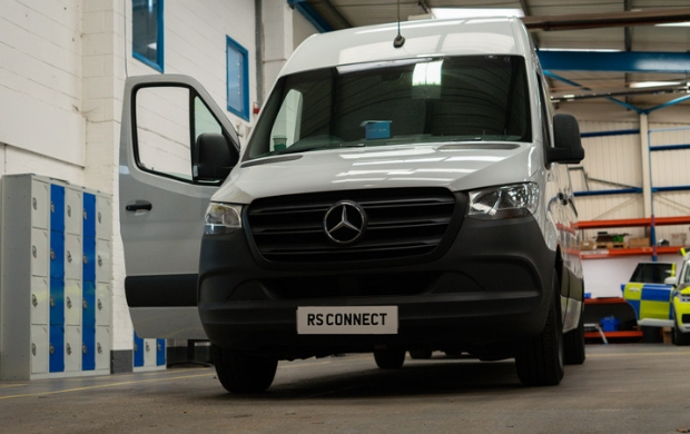 White Mercedes Sprinter LWB van parked in RS Connect's Coleshill workshop for a tracker installation.